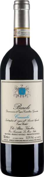 Eine Weinflasche mit dunkelroter Flüssigkeit und silbernem Schraubverschluss. Das Etikett ist cremefarben mit blauen und schwarzen Verzierungen.