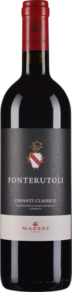 Die Weinflasche hat einen roten Verschluss und ein elegantes schwarzes Etikett mit einem Wappen. Darunter befindet sich ein heller Abschnitt mit weiteren Informationen. Der Wein ist dunkel gefärbt und durch die Glasflasche sichtbar.