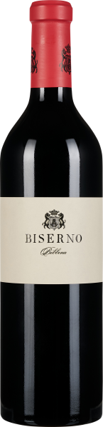 Eine elegante Weinflasche mit einem tiefen, dunklen Glas und einem leuchtend roten Kapselverschluss. Das Etikett ist schlicht gehalten, mit einem Emblem oberhalb des zentrierten Schriftzugs.