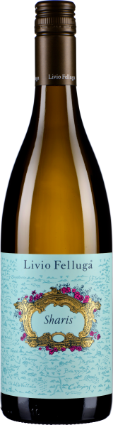 Die Weinflasche hat eine glänzende, bernsteinfarbene Flüssigkeit und ist mit einem eleganten, hellblauen Etikett verziert, das florale und ornamental goldene Details aufweist. Der Verschluss ist dunkel und trägt den Markennamen.