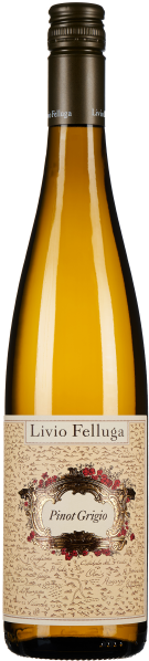 Klare, elegante Weinflasche mit gelblich-goldenem Wein; detailreiches, kunstvolles Etikett mit geschwungenen Verzierungen in Rot und Schwarz.