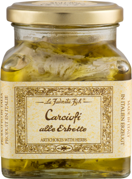 Ein Glas mit goldfarbenem Deckel, gefüllt mit Artischocken in Öl, verziert mit einem floralen, klassischen Etikett in Beige und Braun.