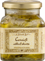 Ein Glas mit goldfarbenem Deckel, gefüllt mit Artischocken in Öl, verziert mit einem floralen, klassischen Etikett in Beige und Braun.