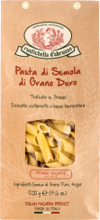 Braune Papiertüte mit Sichtfenster zeigt gelbe Penne Rigate-Nudeln im Inneren, verziert mit einem ovalen Logo und italienischem Design.