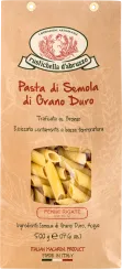 Braune Papiertüte mit Sichtfenster zeigt gelbe Penne Rigate-Nudeln im Inneren, verziert mit einem ovalen Logo und italienischem Design.