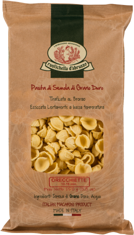 Papiertüte mit Sichtfenster, das gelbe, muschelähnliche Orecchiette-Nudeln zeigt; oben ein grünes Logo mit traditionellem Design.