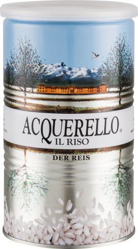 Metallene Reisdose mit Landschaftsmotiv: schneebedeckte Berge, Gebäude und Bäume. Unten sind Reiskörner abgebildet.