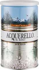 Metallene Reisdose mit Landschaftsmotiv: schneebedeckte Berge, Gebäude und Bäume. Unten sind Reiskörner abgebildet.