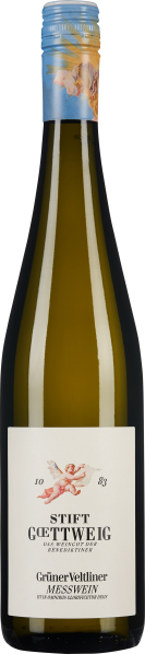 Die Weinflasche zeigt eine klassische, schlanke Form mit einem hellen, goldenen Inhalt. Der Verschluss ist in einem hellen Blau gestaltet und mit kunstvollen Details verziert. Das Etikett ist schlicht und elegant, mit einem dezenten, künstlerischen Motiv