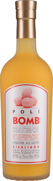 Eine durchsichtige Glasflasche mit goldenem Verschluss, gefüllt mit orangegelbem Likör. Das Etikett zeigt rote und schwarze Schrift und ein einfaches, grafisches Logo.