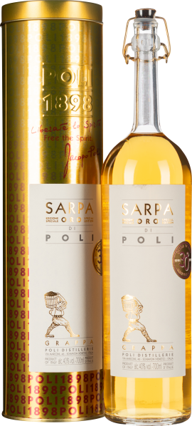 Eine elegante Flasche mit goldenem Destillat, neben einer glänzenden goldenen Dose mit roten Akzenten. Die Flasche hat ein schlichtes weißes Etikett mit goldenem Logo und Details.