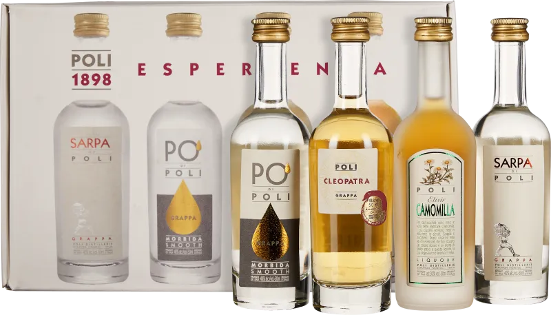 Set aus fünf eleganten Glasflaschen mit goldenen Verschlüssen, gefüllt mit unterschiedlichen Grappa- und Likörsorten in klaren bis goldgelben Tönen, präsentiert vor einer stilvollen Geschenkbox.