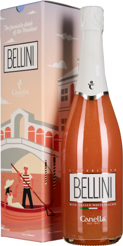 Die Abbildung zeigt eine Flasche mit pfirsichfarbenem Schaumwein, gekrönt von einer weißen Kapsel. Die Verpackung im Hintergrund ist in Pastelltönen gehalten und zeigt eine stilisierte venezianische Szene mit einem Gondolier.