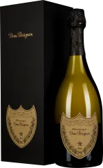 Eine elegante Flasche Champagner mit einem goldenen Etikett und einer schwarzen, strukturierten Kapsel, daneben eine luxuriöse schwarze Geschenkbox mit goldener Schrift.