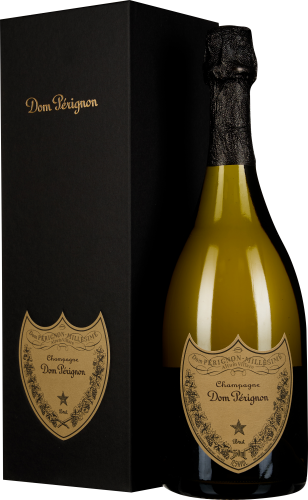 Eine elegante Flasche Champagner mit einem goldenen Etikett und einer schwarzen, strukturierten Kapsel, daneben eine luxuriöse schwarze Geschenkbox mit goldener Schrift.