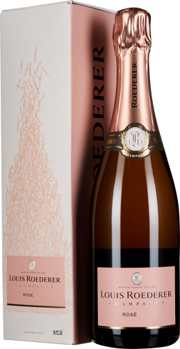 Flasche Rosé-Champagner mit eleganter, rosafarbener Verpackung und kupferfarbenem Verschluss. Beides trägt ein einheitliches, stilvolles Design, das Luxus und Exklusivität vermittelt.