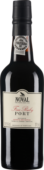 Dunkle Portweinflasche mit schwarzem Hals und cremefarbenem Etikett; elegante Form, tiefrote Flüssigkeit erkennbar.