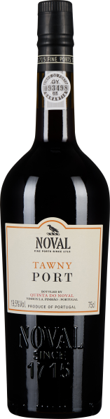 Dunkle, elegante Weinflasche mit schwarzem Verschluss und cremefarbenem Etikett. Prägnante Schrift und Details in Schwarz und Rot betonen die edle Optik des Portweins.