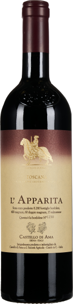 Eine Flasche Rotwein mit dunkelrotem Kapselverschluss und einem cremefarbenen Etikett. Auf dem Etikett sind goldene Akzente mit einer stilisierten Reiterfigur zu sehen, die dem Design eine elegante Note verleihen.