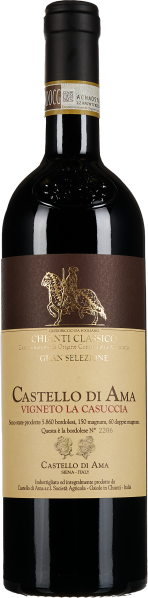 Flasche mit tiefrot glänzendem Wein, elegantes Etikett in Schwarz und Creme mit goldener Verzierung.