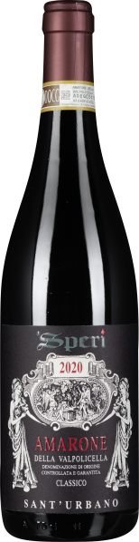 Die Flasche zeigt einen eleganten Amarone-Wein mit einem dunkelroten Etikett, verziert mit klassischen, kunstvollen Grafiken und weißer Schrift. Die Braunkorkkapsel ergänzt das edle Design.