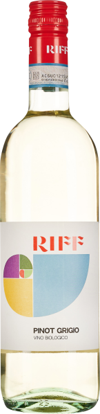 Flasche Weißwein mit hellem, klaren Inhalt und einem roten Schraubverschluss. Das Etikett zeigt ein modernes, buntes Grafikdesign mit geometrischen Formen.