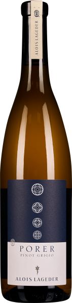Flasche mit dunkelblauem Etikett und geometrischen Symbolen, enthält goldenen Pinot Grigio Wein.