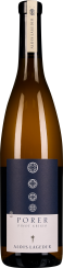 Flasche mit dunkelblauem Etikett und geometrischen Symbolen, enthält goldenen Pinot Grigio Wein.