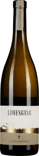 Weinflasche mit glänzendem, goldenen Etikett auf mattem Hintergrund, schlichtes Design mit elegantem, weißen Schriftzug.