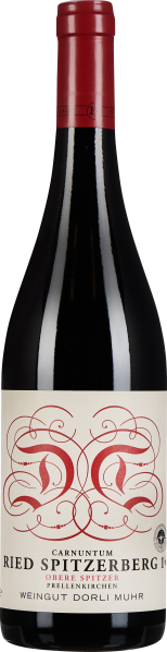 Eine Weinflasche mit einem dunkelroten, glatten Korpus und einem roten Hals. Das Etikett zeigt ein elegantes, symmetrisches Muster in Rot auf cremefarbenem Hintergrund.