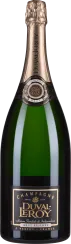 Große Flasche eines Champagners mit grünem Glas, eleganter goldener Kapsel und schwarzem Etikett mit goldenen Akzenten.