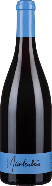 Weinflasche mit schwarzem Etikett und leuchtend blauem Hals und Kapsel.