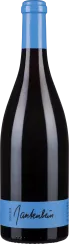 Weinflasche mit schwarzem Etikett und leuchtend blauem Hals und Kapsel.