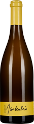 Braune Weinflasche mit gelbem Etikett und goldenem Verschluss.