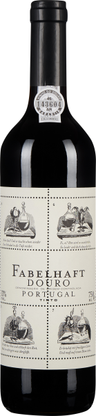 Dunkle Weinflasche mit schwarzem Verschluss, kunstvoll gestaltetes Etikett in Cremeweiß mit klassischen Illustrationen und feinen Details.