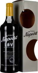 Dunkle Weinflasche mit gelbem Foliensiegel, edlem weißen Schriftzug, neben einer eleganten grauen Verpackung mit ovalem Sichtfenster.