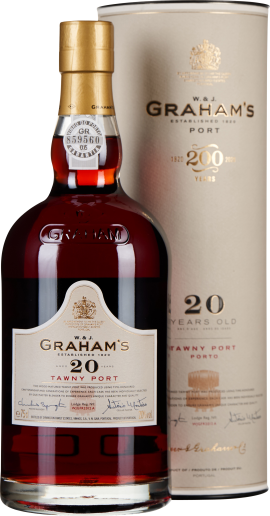 Die Flasche zeigt einen bernsteinfarbenen Tawny Portwein mit goldener Kapsel und elegantem Etikett. Der Hintergrund enthält eine passende Geschenkbox in Cremefarben.