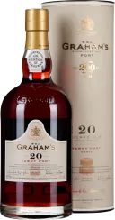 Die Flasche zeigt einen bernsteinfarbenen Tawny Portwein mit goldener Kapsel und elegantem Etikett. Der Hintergrund enthält eine passende Geschenkbox in Cremefarben.