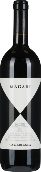 Weinflasche mit schwarzem Etikett und geometrischem weißem V-Design.