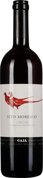 Schlanke Weinflasche mit elegantem weißen Etikett und rotem Vogeldesign.