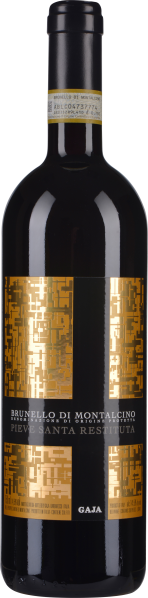 Schwarze Weinflasche mit goldener, geometrischer Etikettierung und elegantem Design.