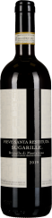 Flasche Rotwein mit schwarzem Etikett und cremefarbenen Details. Der goldene Halsring hebt die elegante Gestaltung hervor.