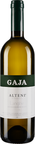 Flasche mit grünem Etikett und tiefgrüner Kapsel, gefüllt mit goldenem, klaren Wein.