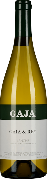 Weißweinflasche mit grün-schwarzem Hals und schlichtem, eleganten Etikett.