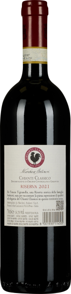 Weinflasche mit rotem Korken, schwarzem Etikett und Chianti Classico Logo.