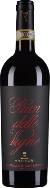 Dunkle Weinflasche mit elegantem, mattschwarzem Etikett und roten, geschwungenen Schriftzügen; goldene Akzente betonen den Flaschenhals.