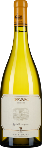 Eine Flasche mit klarem, goldenem Weißwein. Die Flasche hat einen eleganten gelben Verschluss und ein klassisches Etikett mit sanften Farbtönen und geprägtem Logo.