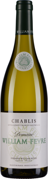 Weinflasche mit hellem, klarem Glas und elegantem Etikett in Weiß- und Grüntönen. Das Etikett trägt stilisierte Schrift und ein zentrales Logo. Die Kapsel ist dunkel und schlicht gehalten.