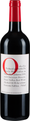 Flasche Rotwein mit dunkelrotem Korken und schlichtem weißen Etikett, auf dem ein großes rotes „O“ dominiert.