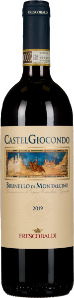 Dunkle Weinflasche mit cremefarbenem Etikett und goldener Kapsel, verziert mit einer kunstvollen Illustration in der Mitte.